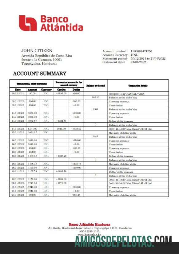 Modelo de extrato bancário do Honduras Banco Atlantida para download, formato Word e PDF